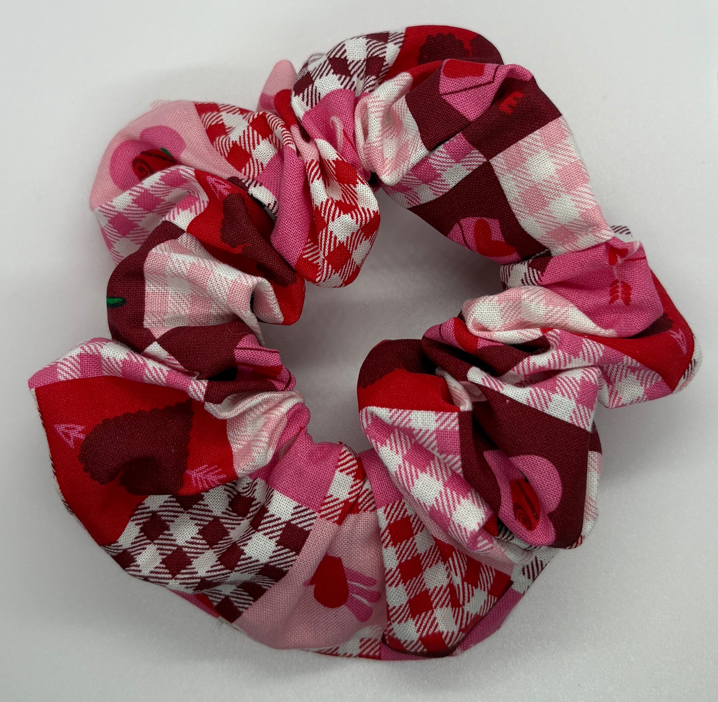 Valentines Patchwork Plaid Pink Scrunchie