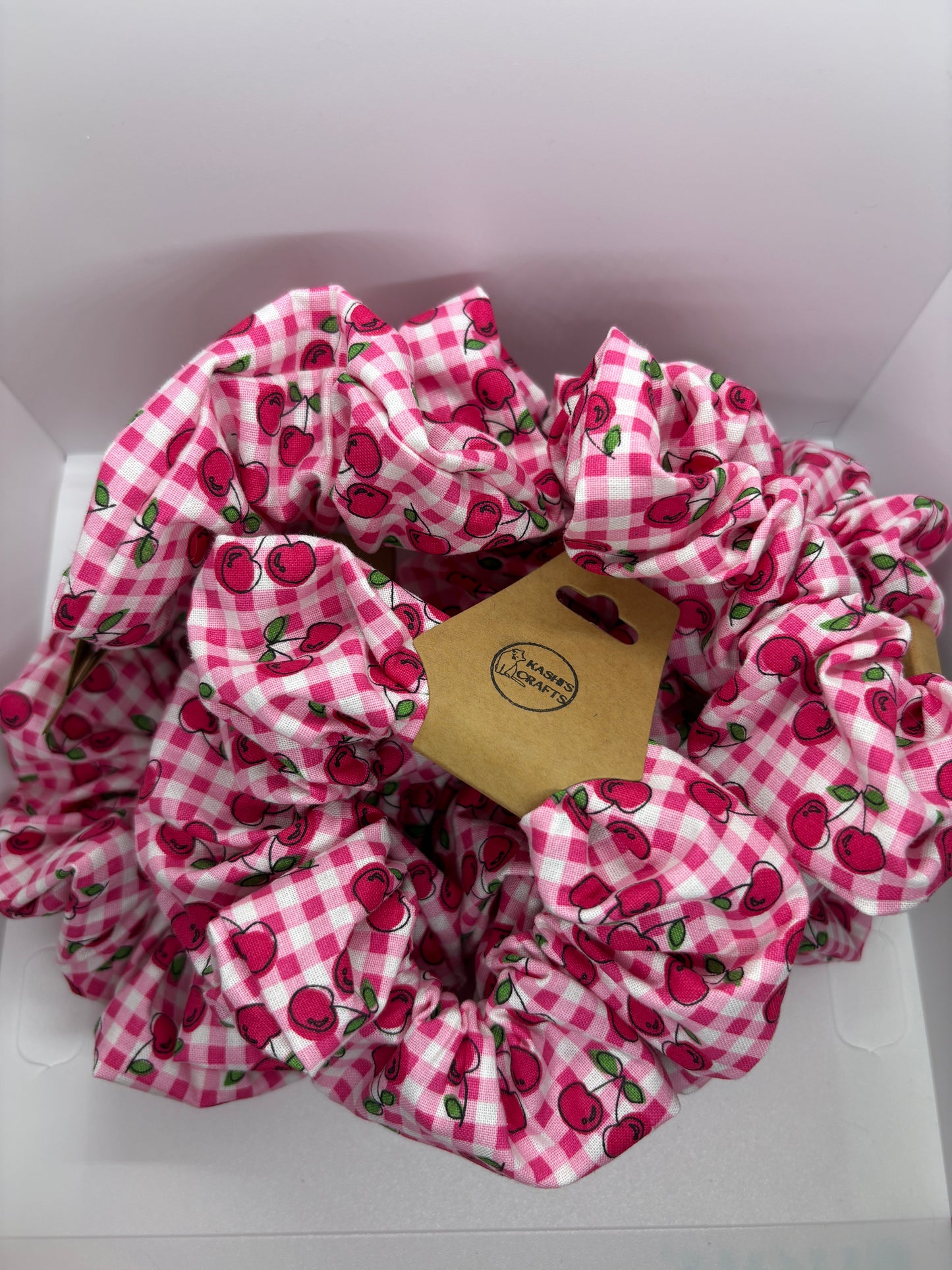 Pink Gingham Cherry Scrunchie