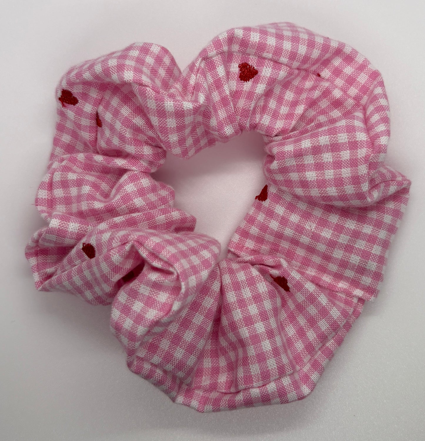 Pink Gingham Embroidered Hearts Scrunchie