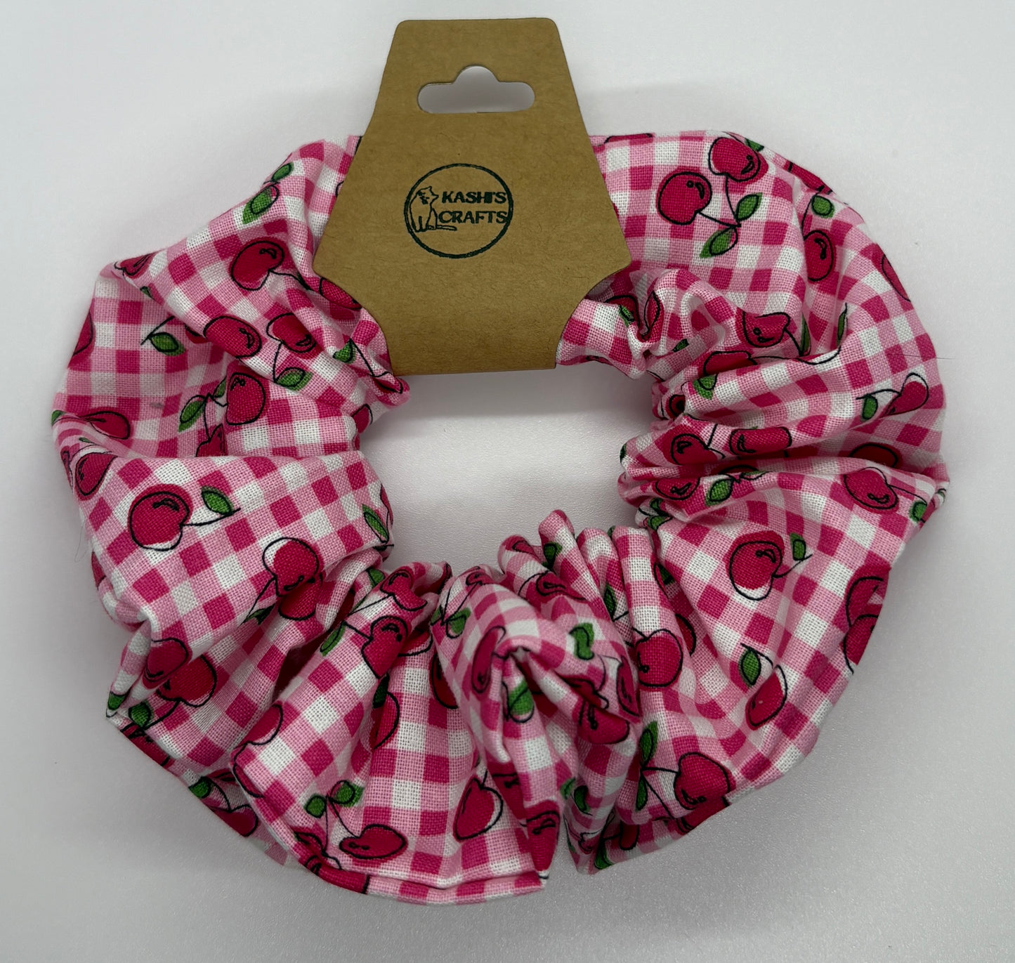 Pink Gingham Cherry Scrunchie